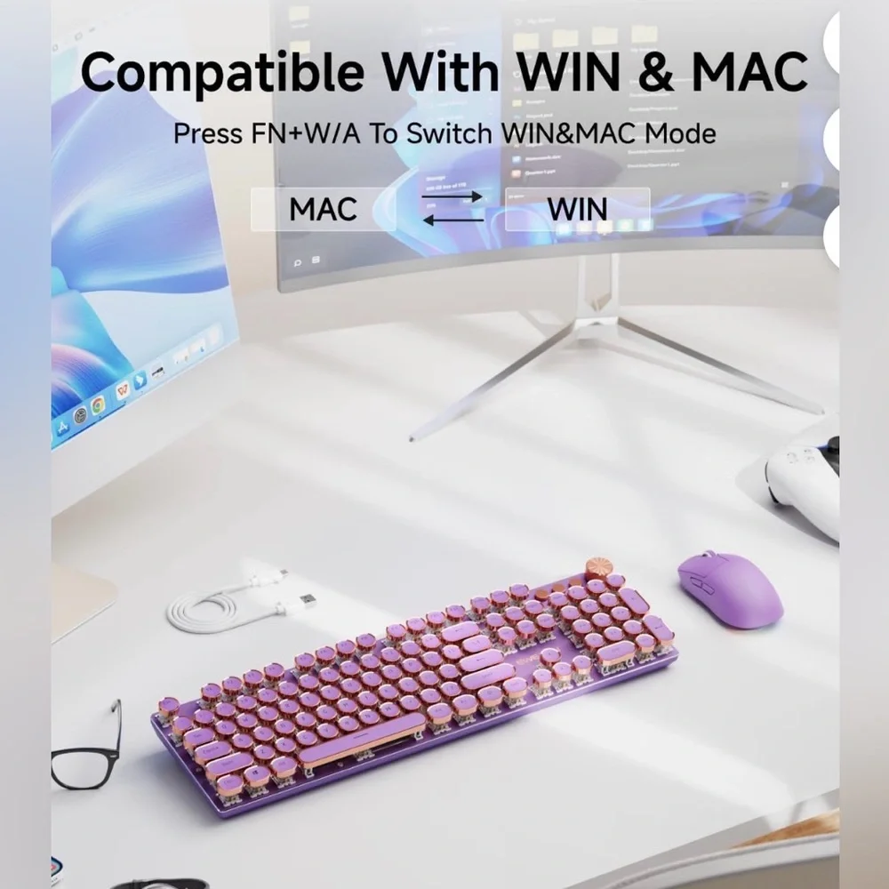 EWEADN Typewriter Style Mechanical Keyboard, Wired Backlit PC-Purple New in Box